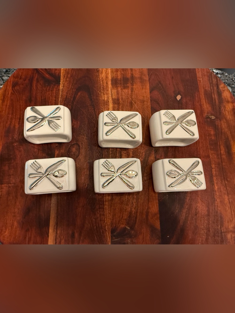 Set of 6 Ceramic Pottery Barn Napkin Ring Holders White Silver Fork Spoon New